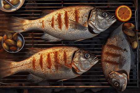 一堆海鲜煮熟的烤鱼插画
