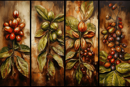 油画画板新鲜的咖啡豆花插画