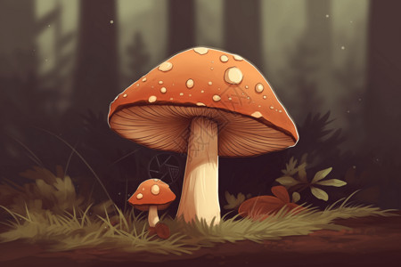 红色蘑菇和小草森林中的蘑菇插画