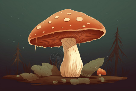 红色蘑菇和小草被雨淋湿的蘑菇插画