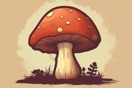 红色蘑菇和小草简单而朴实的蘑菇插画