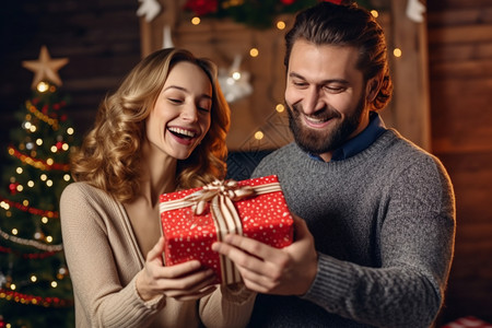 圣诞卡通礼盒圣诞节男人给女人送惊喜礼物背景