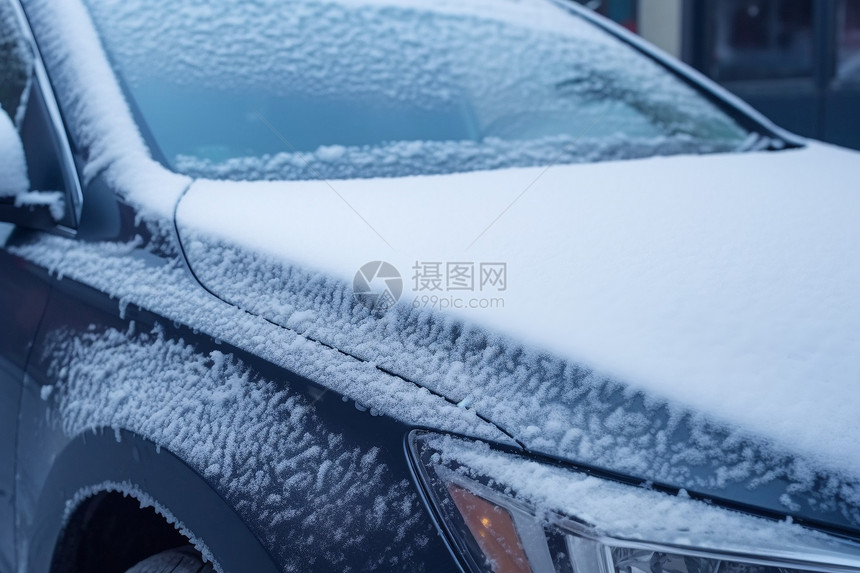 冬天车上覆盖的雪特写镜头图片