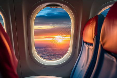 挂锁行程飞机窗外的落日景象图片背景