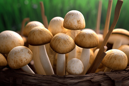 蘑菇在篮子里木头草蘑菇图片设计图片