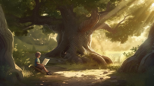孩子在大树下看书插图背景图片
