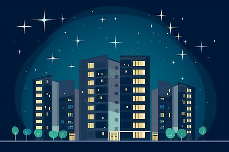 夜间城市建筑物的插图图片