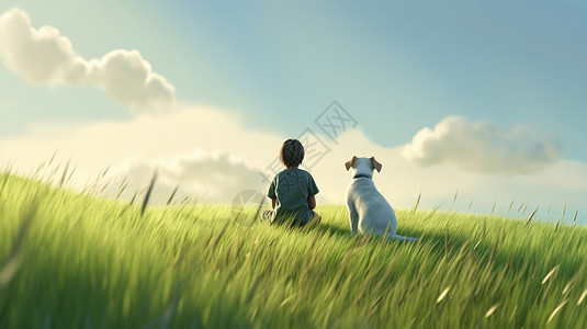 小男孩和他的小狗在山上休息艺术插画图片