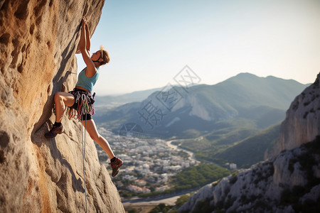 悬崖上的花悬崖上的年轻女攀岩者图片背景