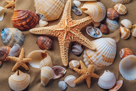 贝壳和海星在海滩上背景图片