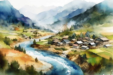山村旁蜿蜒的河流图片