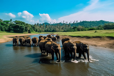 山边一群大象在河中行走背景