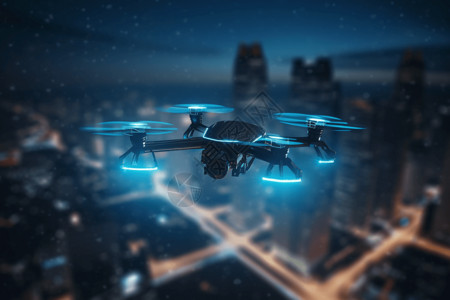 城市上空飞行的无人机设计图片