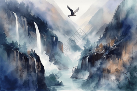鹰河薄雾笼罩的山峰插画