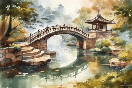 古代桥梁美丽的景色插画