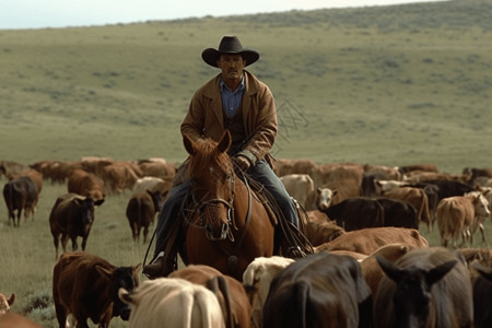 在牧场上放牛的牛仔背景图片
