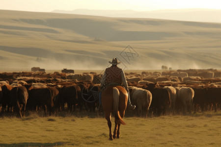 牛仔在广阔的牧场上放牛背景图片