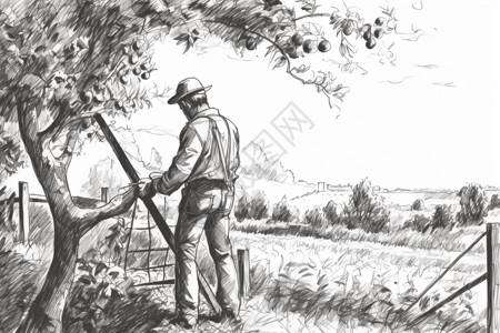 在苹果园修剪树木的农民插画