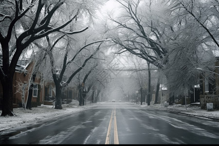 马路边着冰雪的大树高清图片