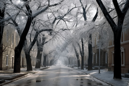 街道覆盖着冰雪的树木高清图片