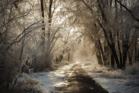 路边覆盖着冰雪的树木高清图片
