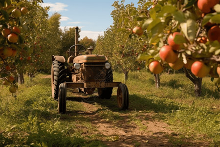 停放拖拉机的苹果园图片