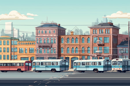 有轨电车停靠站电动巴士和有轨电车在宽阔的大道上行驶插画