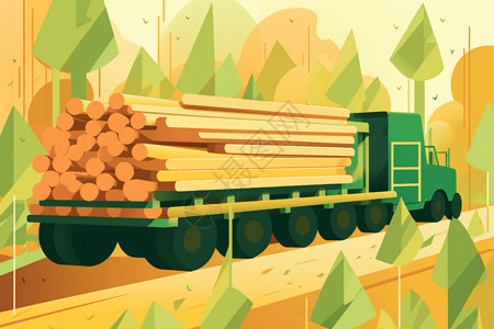 满载木材的运输车辆穿过丛林图片