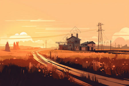 乡村道路电源线温暖夕阳下的小乡村插画