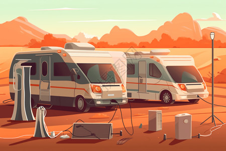 沙漠上扬声器房车露营地充电站插画