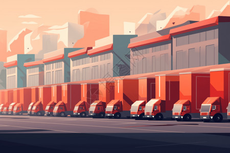 一排卡车一个繁忙的配送中心插画