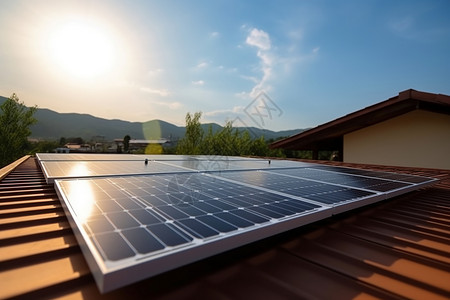 环保屋屋顶上的太阳能电池板设计图片