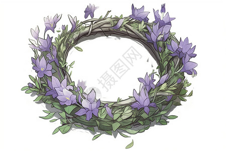 手绘紫色鲜花美丽的风铃草花环背景
