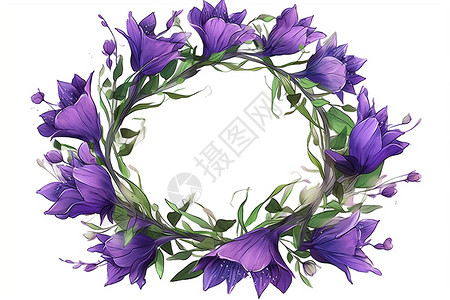 手绘紫色鲜花紫色的风铃草花环背景