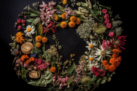 花卉花圈素材草药圆形图案排列背景