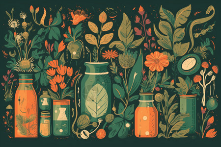 植物疗法平面插图风格的草药疗法插画