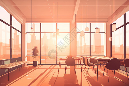 咖啡馆室内设计有大窗户的会议室插画