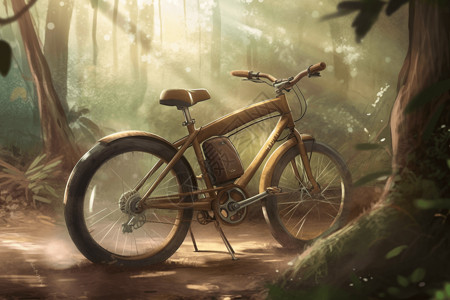 树龄树林中停放的自行车插画