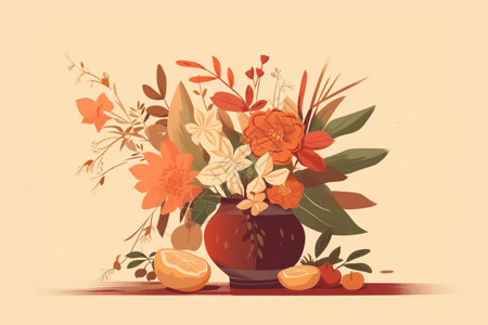 创意水果排列花瓶中排列的中草药艺术插图插画