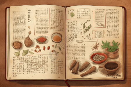 传统中药食谱书的艺术插图图片