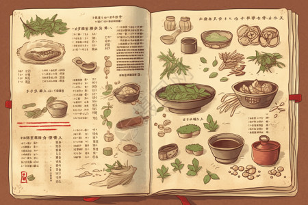 传统食谱传统中药食谱书的绘画插图插画