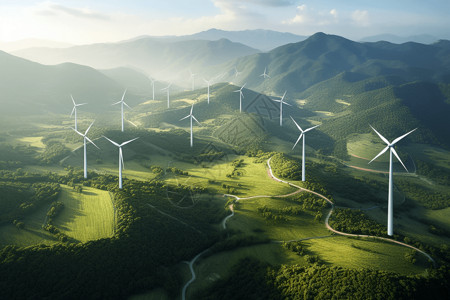 群山中的风车涡轮机高清图片
