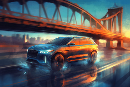 新能源汽车行驶在大桥上图片