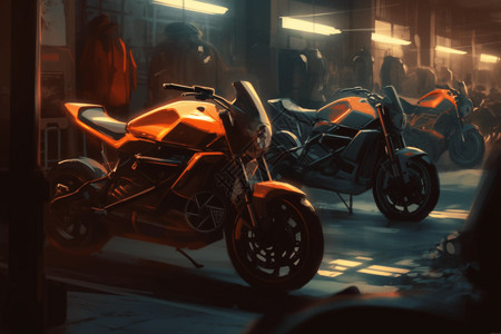 摩托车停在车库背景图片
