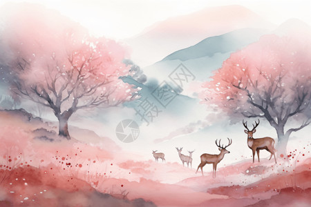 樱花树下的麋鹿背景图片