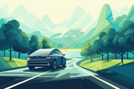 在生能源行驶在树林小路上的能源汽车插画