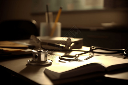 书桌上的笔记本书桌上的医疗器材记录设计图片