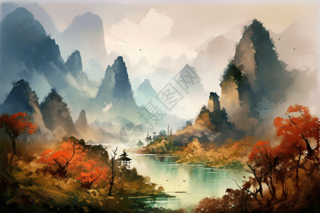 泼墨彩色山水环抱的景色插画
