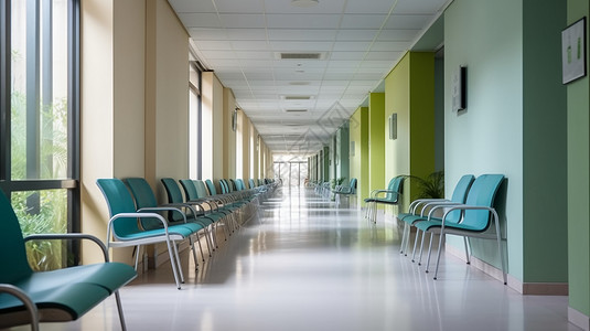 候诊区医院走廊的彩色座椅背景