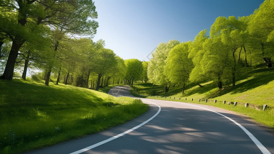 绿色森林的弯曲道路图片